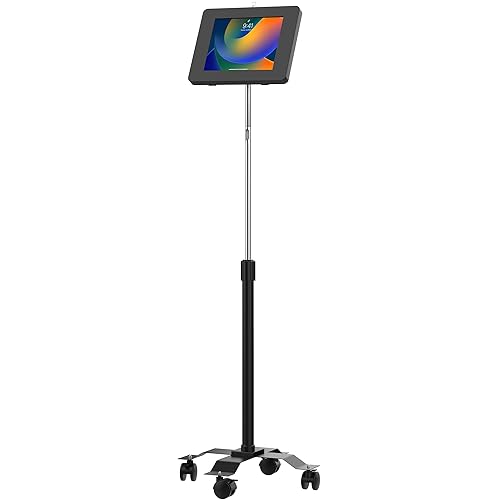 Locking Floor Stand - CTA Compact Mobile Floor Stand with Universal Locking Paragon Enclosure for iPad 9th Gen 10.2”, Galaxy Tab 9.7”, Surface Go 3, & More (PAD-PARACGS) - Black