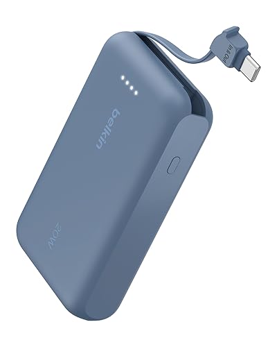 Belkin Portable Charger, Portable Power Bank with Integrated Cable 10000 mAh 20W - Fast Charge USB C Power Delivery, iPhone Charger - iPhone 16 Series, iPad Pro, Galaxy S25, & More - Blue Blue 10K mAh UCB-C