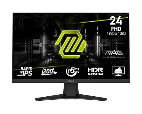 MSI MAG 244F, 24 Gaming Monitor, 1920 x1080 (FHD), Rapid IPS, 200Hz, 0.5ms, FreeSync Premium, HDR Ready, AI Vision, HDMI, Displayport, Tilt, Black
