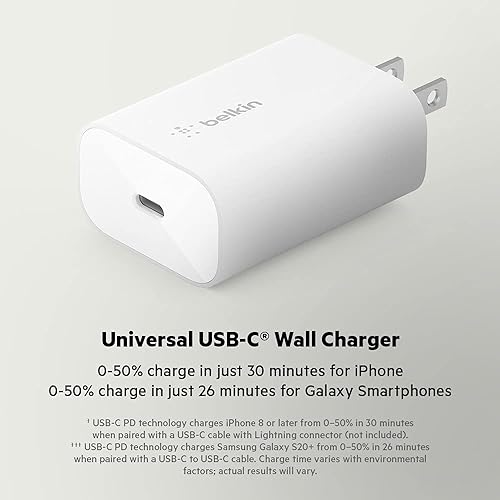 Belkin 25-Watt USB-C Wall Charger, Power Delivery USB-C Charger, PPS Fast Charging for Apple iPhone 14, 14 Pro, 14 Pro Max, 13, 13 Pro, Galaxy S23 Ultra, iPad, AirPods & More - White