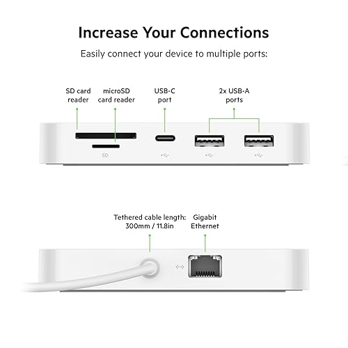 Belkin USB-C 6-in-1 Multiport Hub with Mount, USB-C Docking Station with MicroSD Card Reader, Powered USB Hub, Compatible with MacBook, Chromebook, iMac, PC, and Other USB-C Devices - White