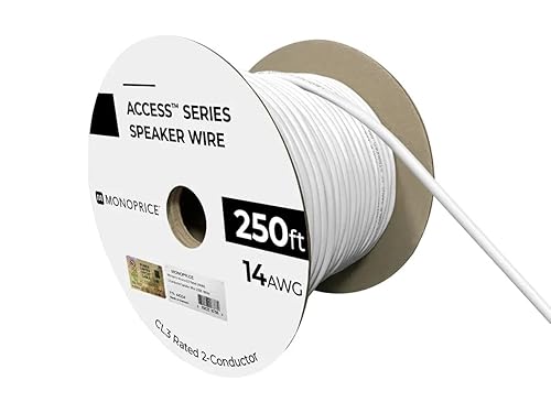 Monoprice 14AWG CL3 Rated 2-Conductor Speaker Wire - 250 Feet - White | Pure Bare Copper, for Car, Home Audio, Safety for Residential Class Buildings - Access Series