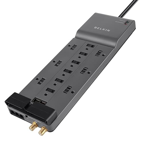 Belkin 12-Outlet Power Strip Surge Protector with 10-Foot Cord and Telephone, Ethernet, Coaxial Protection, BE112234-10, Gray - 3 Pack