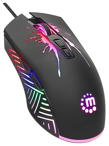 MANHATTAN RGB LED Wired Optical USB Gaming Mouse - 7200 DPI, Ergonomic Shape, 7 Buttons, Color-Changing LEDs, Low-Friction Base, Computer Mouse for Laptop, Extra-Long Braided Cable - 190121