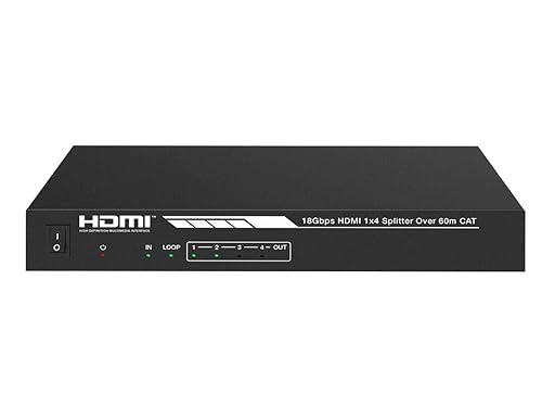 Monoprice Blackbird 4K HDMI 2.0 1x4 Splitter Extender Kit | 18Gbps, HDR, 4K@60Hz, Cat7 with IR, Loop Out, EDID, POC & 4 Receivers, Up to 60 Meter (197ft) 142271