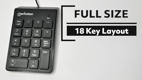 MANHATTAN Wired USB Numeric Keypad – 18 Full Size Keys & Ultra Slim Lightweight Ergonomic Number Pad Design - for Laptop, Desktop, Computer, PC – 3 Yr Mfg Warranty - Black, 179911