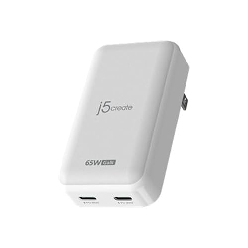 j5create 65W GaN Slim PD USB-C 2-Port Charger, White, JUP2465