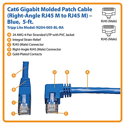 Tripp Lite N204-005-BL-RA 5-Feet Blue Cat6 Gigabit Right Angle to Straight Patch Cable, 5-Feet 5 feet Right Angle Side