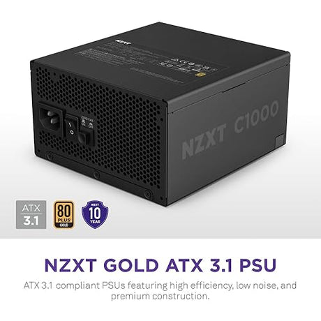 NZXT C1000 Gold ATX 3.1 - Fully Modular Low-Noise PC Gaming Power Supply - 1000 Watts - 80 Plus Gold - 12V-2x6 Connector - Zero Fan Mode - 100% Japanese Capacitors - Black C Series ATX 3.1 Black