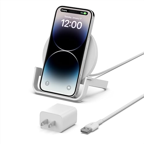 Belkin BoostCharge 10W Fast Wireless Charging Stand, Includes QuickCharge 3.0 Wall Charger and Cable, Case Compatible for iPhones, Galaxy, Pixel and Other Qi Enabled Devices (includes AC adapter) White 10W Stand Charging Stand