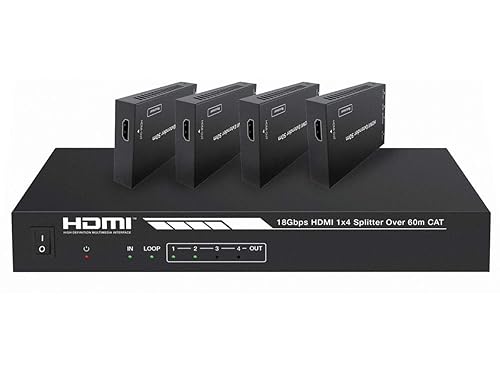 Monoprice Blackbird 4K HDMI 2.0 1x4 Splitter Extender Kit | 18Gbps, HDR, 4K@60Hz, Cat7 with IR, Loop Out, EDID, POC & 4 Receivers, Up to 60 Meter (197ft) 142271