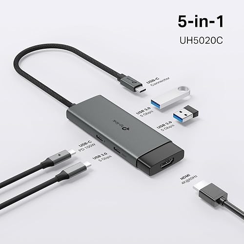 TP-Link USB Type-C 5-in-1 Hub (UH5020C) – 4K HDMI 60Hz, 100W PD Charging, 5Gbps USB-C & 2 USB-A Ports, Plug & Play, Aluminum Alloy, Braided Cable, Compatible with Windows, macOS, iPadOS, ChromeOS 5-Port USB-C
