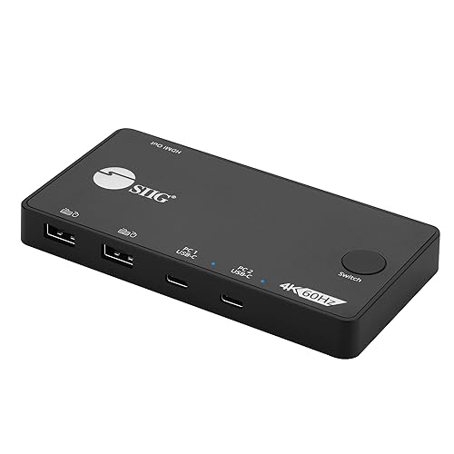SIIG 2 Port USB-C KVM Switch - 2 Computers to 1 Monitor - 2X USB-A + 2X USB-C - Single 4K 60Hz HDMI, USB-C Bus Powered, Button Control, Thunderbolt 3 Compatible (CE-KV0B11-S1)