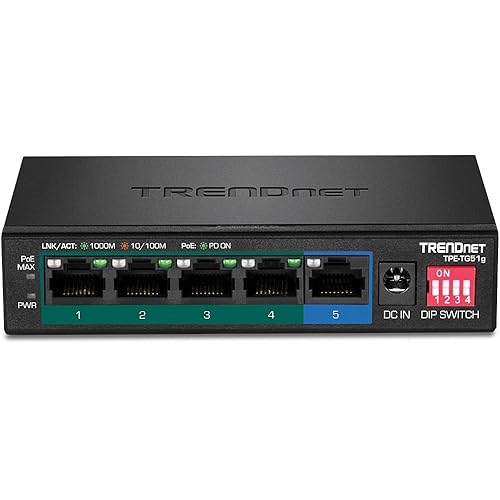 TRENDnet 5-Port Gigabit PoE+ Switch, Camera DIP Switch extends PoE+ 200m (656 ft.), 60W PoE Budget, Black, TPE-TG51g