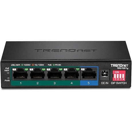 TRENDnet 5-Port Gigabit PoE+ Switch, Camera DIP Switch extends PoE+ 200m (656 ft.), 60W PoE Budget, Black, TPE-TG51g