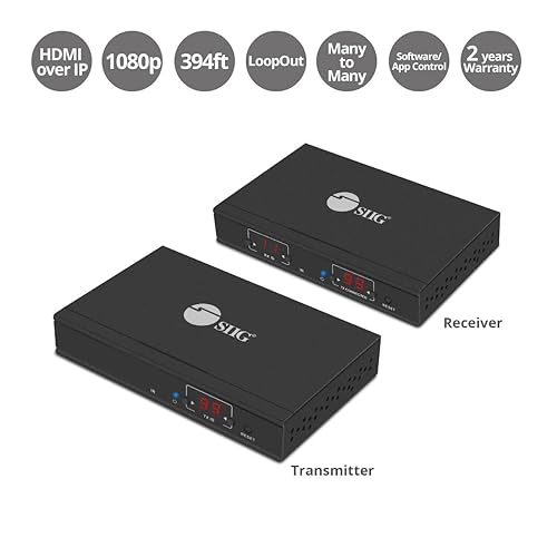 SIIG HDMI Over IP Extender Kit (1 TX & 1 RX) 1080p at 395ft (120m) - Support Many to Many Solution, H.264 Over IP, HDMI Loopout, IR Extension, RS-232 (CE-H24A11-S1)