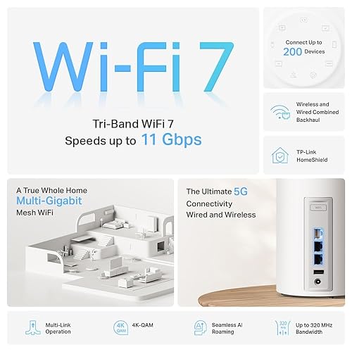 TP-Link Deco BE11000 Tri-Band WiFi 7 Mesh (Deco BE65 Pro) - 11 Gbps, 6 GHz/5 GHz/2.4 GHz Bands, 5 Gbps Ports, MLO, 320 MHz Channels, HomeShield, Universal Compatibility - 2-Pack Wi-Fi 7 | BE11000 Tri-Band 5G/2.5G Port, Multi-Gigabit 2-Pack