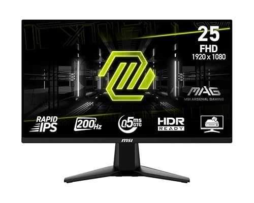 MSI MAG 255F E20 25-inch 1920 x 1080 (FHD) Gaming Monitor, 200Hz, Adaptive-Synch, HDMI, DisplayPort, VESA Mountable, Tilt, Height Adjustable, Speaker, 0.5ms, Black