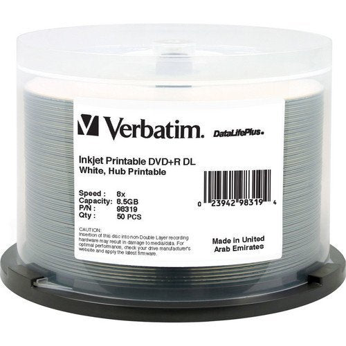 Verbatim DVD+R Dual Layer Printable Recordable Disc, 8.5 GB, 8x, Spindle, White