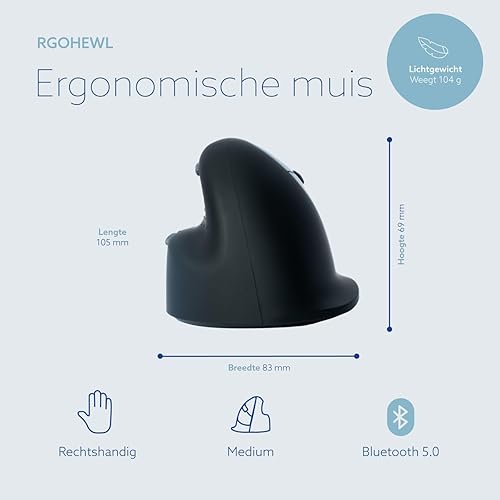 R-Go HE Ergonomic Mouse, Bluetooth 5.0, Noiseless Clicks, Compatible with Anti-RSI Software, Prevent Mouse Arm, Rechargeable Wireless Vertical Mouse for Windows/Mac/Linux, 5 Buttons, Black (RGOHEWL)