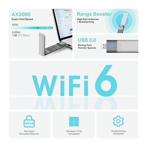TP-Link AX3000 WiFi 6 USB Adapter for Desktop PC (Archer TX50UH) - Dual Band Wireless Network Adapter, Ultra-Low Latency, MU-MIMO, OFDMA, Refined Security, WPA3, Supports Windows 11/10