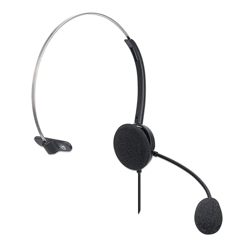 MANHATTAN USB Headset with Mic & 5 ft Cable - Cushion Mono/Single-Sided, On-Ear, in-line Volume Control, Adjustable Headband - for Desktop, Laptop, Computer, 179867