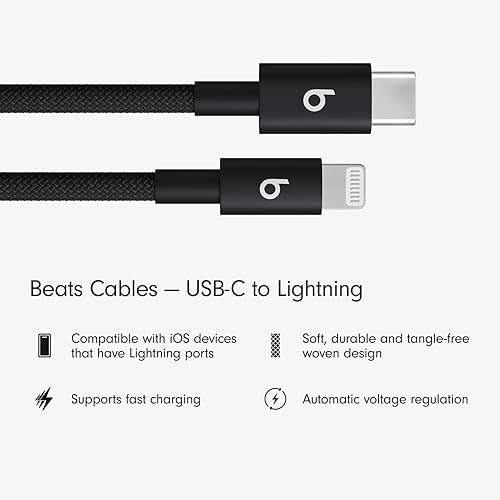 Beats USB-C to Lightning Woven Cable Fast Charging Durable/Tangle-Free Compatible Charger for Apple Devices w Lightning Ports (1.5 m) - Bolt Black Bolt Black (1.5 m)