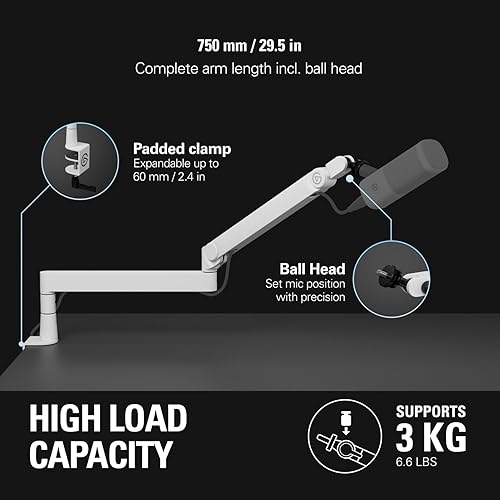 Elgato Wave Mic Arm Pro White - 360° Rotatable Low Profile Gas Spring Microphone Arm, Works with Elgato Mics/Shure SM7B/HyperX QuadCast/Rode/Blue Yeti & More – for Broadcasting/Podcasting/Streaming