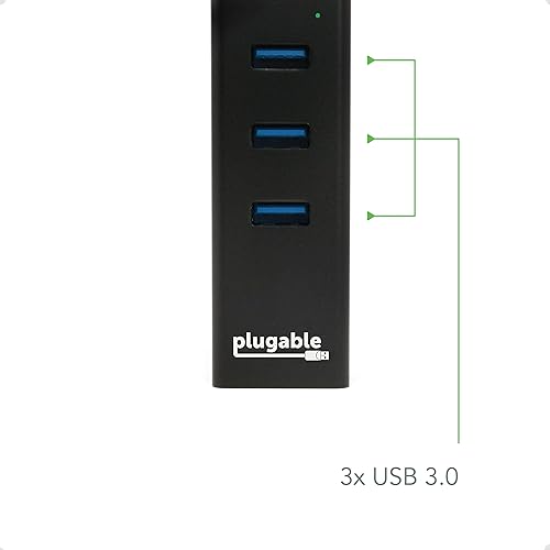 Plugable USB Hub with Ethernet, 3 Port USB 3.0 Bus Powered Hub with Gigabit Ethernet Compatible with Windows, MacBook, Linux, Chrome OS, Includes USB C and USB 3.0 Cables