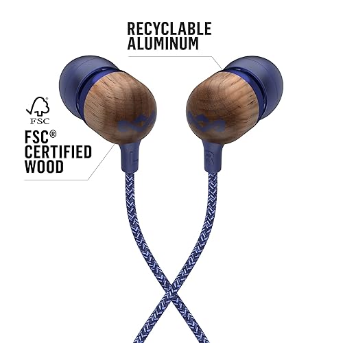 House of Marley | Smile Jamaica Wired in-Ear Headphones - in-line Microphone with 1-Button Remote | Noise Isolating | Durable | Tangle Free Cable | Denim