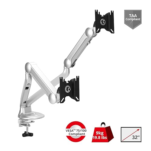 SIIG MTPRO Dual Monitor Desk Mount, Gas Spring Monitor Arm up to 32 inch Display, Max 19.8 lbs per arm, VESA 75 &100mm, Silver, TAA Compliant 32 Max