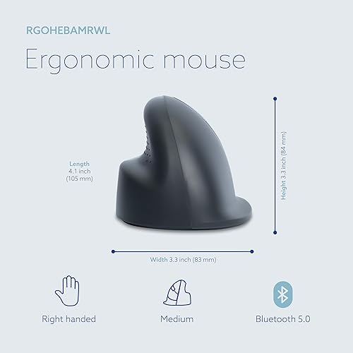 R-Go HE Basic Ergonomic Mouse, Wireless Bluetooth 5.0, Rechargeable, Vertical Design, 1600DPI and 3 Buttons, Prevents Tennis Elbow/RSI Arm, for Windows/Mac - Black