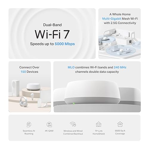 TP-Link Deco BE5000 Dual-Band WiFi 7 Mesh System (Deco BE25) – Supports 150+ Devices, 5GHz/2.4GHz, 2.5Gbps Ports, MLO, 4K-QAM, HomeShield Security, Universal Compatibility (3-Pack)