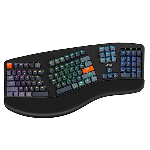 Adesso EasyTouch 1500 Ergonomic Mechanical RGB Keyboard, Wired/Wireless/Bluetooth, VIA/QMK, Multi-OS, Cherry MX Red Switches, Copilot Key, Hot-Swappable, USB-C, 4000mAh Battery