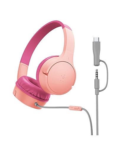 Belkin SoundForm Mini Kids Wired Headphones w/USB C to 3.5mm Dongle, Built-in Mic & Fun Stickers, 85dB Max Volume – for Online Learning, Travel, Compatible w/iPhone 16, iPad, Galaxy S25, etc - Pink