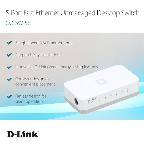 D-Link 5 Port Fast Ethernet Unmanaged Desktop Switch, Plug and play, Fanless design, IEEE 802.3az Energy-Efficient Ethernet (EEE), 3-Year Warranty (GO-SW-5E/E)