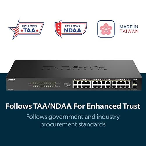 D-Link 24-Port Gigabit PoE+ Unmanaged Switch with 2 SFP Ports (DGS-1026P) – 240W Budget, 30W/Port, Plug-and-Play, Onboard Controls, QoS, Smart Fan, NDAA/TAA Standards