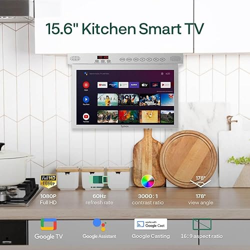 SYLVOX Under Cabinet TV 15.6-Inch Smart 1080p with LED Clock Display in Silver