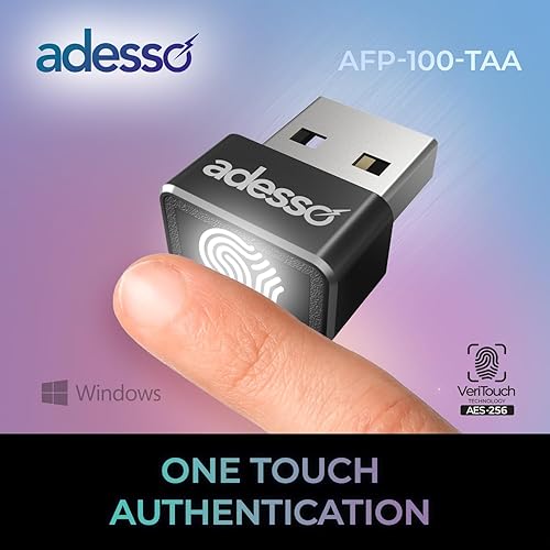 Adesso USB Fingerprint Reader Windows Hello Compatible Built-in Biometric Security AES256 Encryption Made in Taiwan TAA Compliant AFP-100-TAA