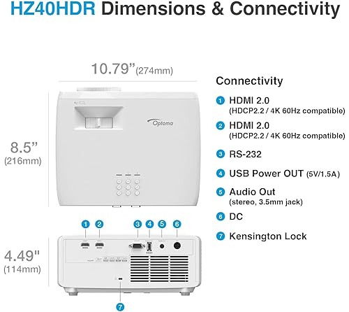 Optoma HZ40HDR Compact Laser Home Theater and Gaming Projector, 1080p HD with 4K HDR Input, High Bright 4,000 Lumens HZ40HDR (Latest, Long Throw, Laser, 4000 Lm)