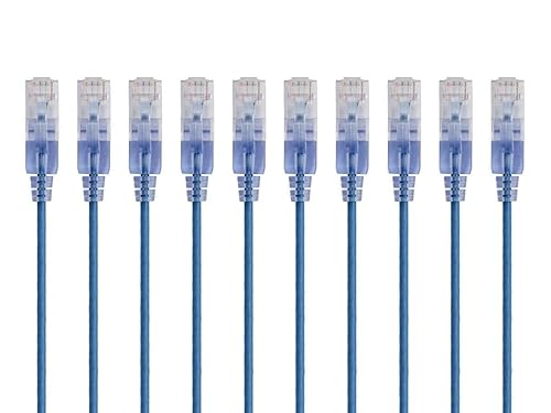 Monoprice SlimRun Cat6A Ethernet Patch Cable - Network Internet Cord - RJ45, Stranded, 550Mhz, UTP, Pure Bare Copper Wire, 10G, 30AWG , 5ft, Blue, 10-Pack Blue 5 Feet 10 Pack