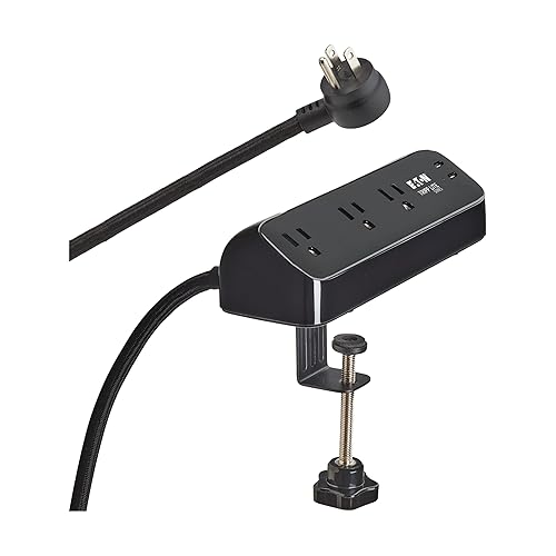 Eaton Tripp Lite series Desk Clamp Power Strip Surge Protector, 3-Outlets, 2x 30W USB-C Charging Ports, 900 Joules, 10ft Braided Flat Extension Cord, Lifetime Manufacturer's Warranty (TLP310U30CLAMPB) 3 Outlets Black (2x USB-C)