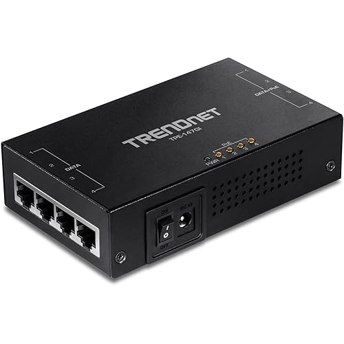 TRENDnet 65W 4-Port Gigabit PoE+ Injector, TPE-147GI, 4 x Gigabit Ports(Data in), 4 x gigabit PoE Ports(Data + PoE Out), Multi-Port PoE+ Injector up to 100m(328 ft.), Add PoE+ Power to Non-PoE Switch
