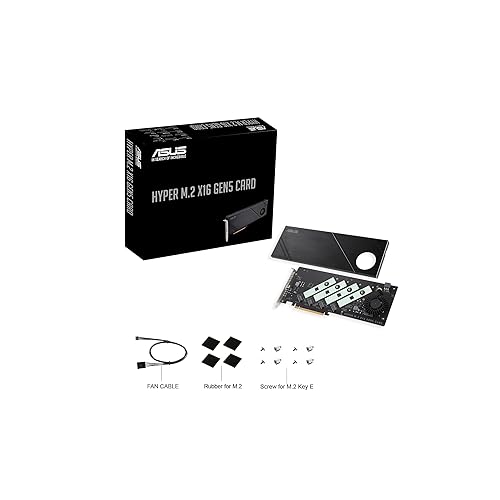 ASUS Hyper M.2 x16 Gen5 Card (PCIe 5.0/4.0) Supports Four NVMe M.2 (2242/2260/2280/22110) Devices up to 512 Gbps for AMD and Intel® Platform RAID Functions.