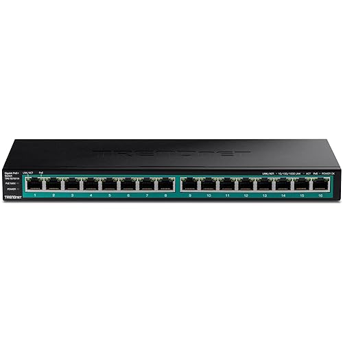 TRENDnet 16-Port Gigabit PoE+ Switch, 16 x Gigabit PoE+ Ports, 120W PoE Budget, Up to 30W Per Port, 1U 19” Rackmount Brackets Included, Fanless, Lifetime Protection, Black, TPE-TG161H