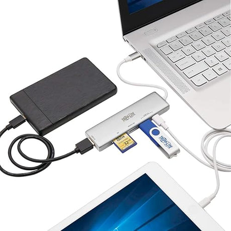 Tripp Lite USB-C 3.1 Multiport Adapter for Data Transfer (2 USB-A, 1 USB-C, SD, Micro SD), Thunderbolt 3, USB 3.1 Gen 1, 5 Gbps, Silver (U460-002-2AM-C1)