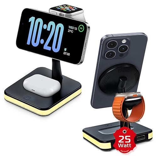 Spracht Flex Charge 4, 4-in-1 Wireless Charging Stand | 25W Fast Charger, Magnetic Connection -Works for Smartphone, Watch, Ear Buds, Qi-Enabled Devices | Nightlight, Magnetic Charging Stand (Black)