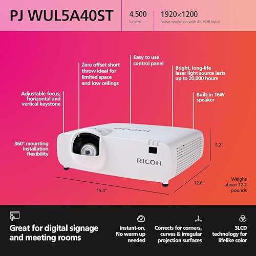 RICOH PJ WUL5A40ST Compact 3LCD Laser Projector | 4500 Lumens | 1920x1200 WUXGA w/4K Input | Short Throw Lens Projects 1.69 - 4.82 ft | 55-150 Screen | 360° Install | Up to 30k hrs | 16W Speaker
