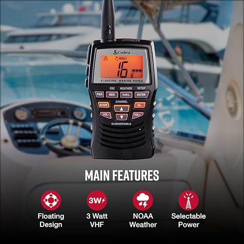 Cobra Marine Radio - MR HH150 FLT - 3 Watt, Floating, Long Range, Handheld, VHF Radio, NOAA, International, Waterproof, Submersible, Weather Alerts, LCD Screen, Belt Clip