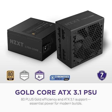 NZXT C750 Gold Core - 750W ATX 3.1 Power Supply - 80 Plus Gold - Cybenetics Platinum - Fully Modular - PCIe 5.1 300W 12V-2x6 - Zero RPM Fan - 105°C Capacitors - Black Black 750W Gold Core Core ATX 3.1